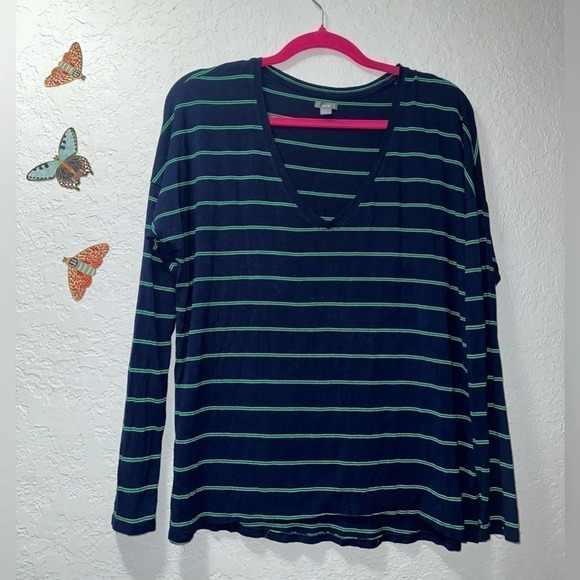 Aerie Women's Navy Blue & Green Striped Long Sleeve Top - Picture 1 of 6